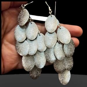 Silver plated frosted water drop dangle earring long light weight party earring